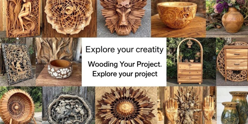 Artistic wooden projects displayed in natural setting.